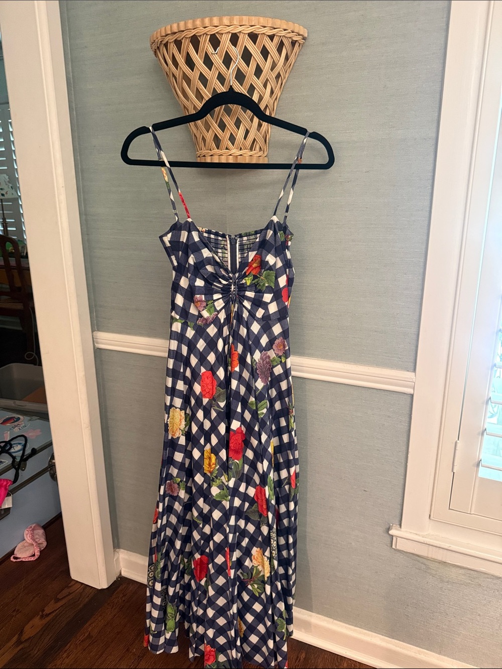 Cara Cara Navy Gingham Maxi Dress with Multicolor Floral Print